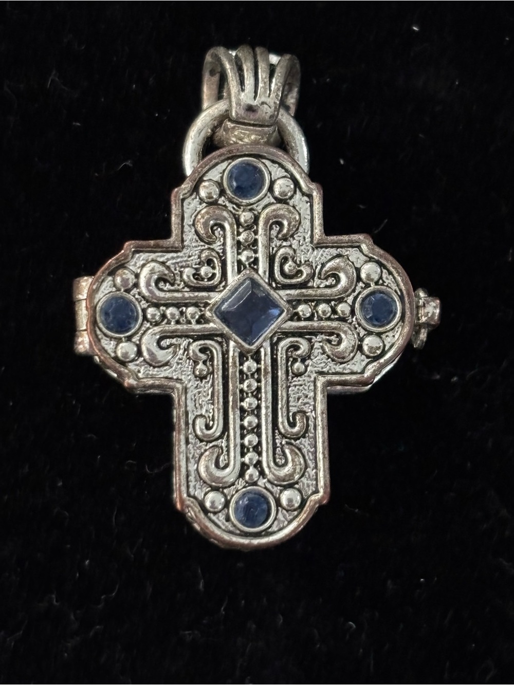 Ornate Silver Tone Cross Locket Pendant Blue Stones, Serenity Prayer Included